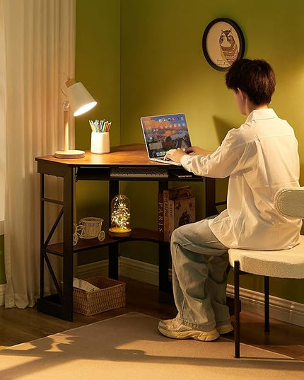VECELO Corner Computer Desk 41 x 30 inches with Smooth Keyboard & Storage Shelves for Home Office Workstation, Teakwood Brown - LeafyLoom
