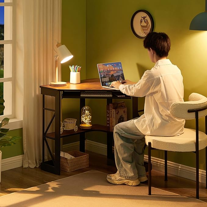 VECELO Corner Computer Desk Writing Smooth Keyboard Tray & Storage Shelves,Compact Home Office Triangle Table, Teak Brown - LeafyLoom