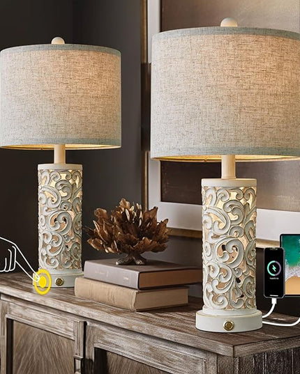 OYEARS 3-Way Dimmable 22'' Table Lamp Set of 2 for Living Room Bedroom Farmhouse Vintage Retro Bedside Lamps Touch Control with USB Ports Linen Shade for Home Office (Wash White, Bulb Included) - LeafyLoom