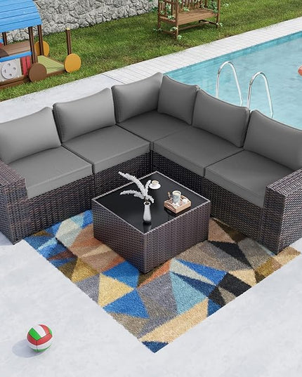 Kullavik 6PCS Outdoor Patio Furniture Set PE Wicker Rattan Sectional Sofa Patio Conversation Sets,Grey - LeafyLoom