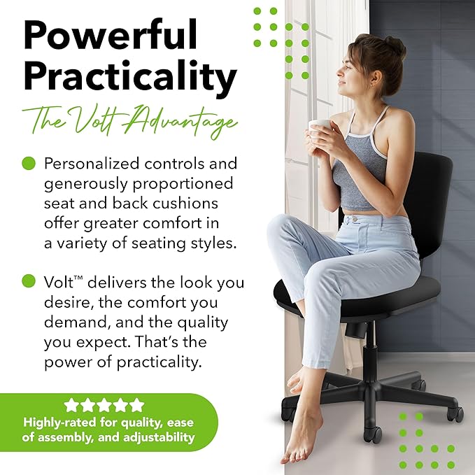 HON Volt Armless Chair Home Desk Wheels. Recline and Tilt, Ergonomic Office, Black - LeafyLoom