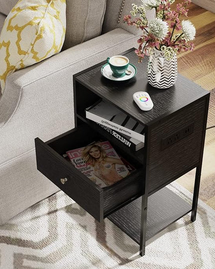 LDTTCUK Nightstand with Charging Station, Modern End Table with Drawer, Bedside Table with Open Storage for Bedroom,Black - LeafyLoom