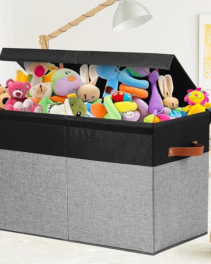 Large Toy Storage Box with Lid, Sturdy Toys Storage Chest Bin Organizer Basket with Dividers for Kids, Boys, Girls, Nursery, Closet, Bedroom, Playroom 25"x13" x16" (Black and Grey) - LeafyLoom