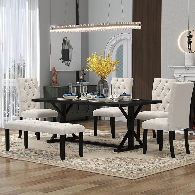 RITSU 6-Piece 72-Inch Rectangular Dining Table Set with 4 Upholstered Button-Tufted Chairs and Bench W/Wooden Structure & Shaped Legs for Living Room, Apartment, Espresso, 72inch - LeafyLoom