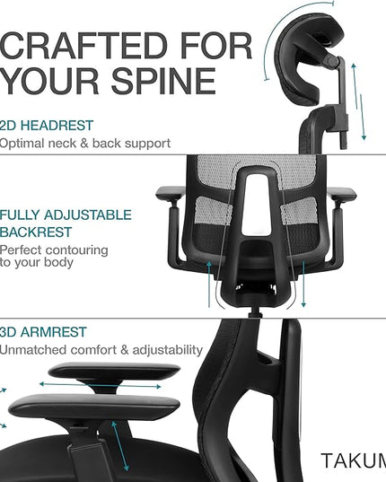 Takumi Ergonomic Office Chair Lumbar Support: Ergonomic Chair, Mesh Office Chair, Ergonomic Desk Chair, Best Desk Chair for Long Hours, Mesh Office Chair for Heavy People - Premium Cushion - LeafyLoom