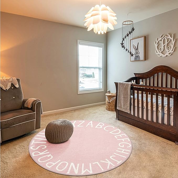 Topotdor Round Kids Play Rug Alphabet Nursery Area Rug Extra Large Soft Crawling Play Mat for Children Toddlers Bedroom (47 inch, Pink) - LeafyLoom