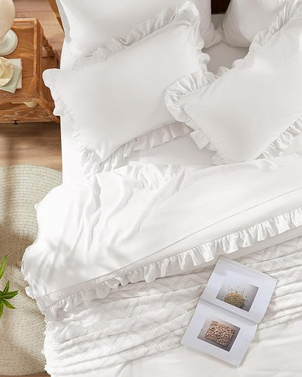 Anluoer King Comforter Set 7 Piece, White Bed in a Bag with Sheets, All Season Ruffle Shabby Chic Bedding Sets with 1 Comforter, 2 Pillow Shams, 2 Pillowcases, 1 Flat Sheet, 1 Fitted Sheet - LeafyLoom