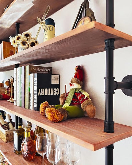 Industrial Ladder Shelf Bookcase, Wall Mounted Rustic Bookshelf, Retro Wood Metal Pipe Industrial Shelves for Living Room(Weathered Brown, 6 Tier - 10" D x 70" W x 82.5" H) - LeafyLoom