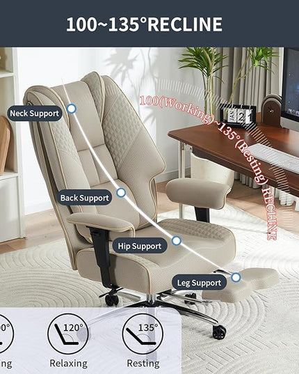 Big and Tall Office Chair 400lbs Wide Seat, Mesh High Back Executive Office Chair with Foot Rest, Ergonomic Office Chair Lumbar Support for Lower Back Pain Relief (Mesh Dark Beige) - LeafyLoom