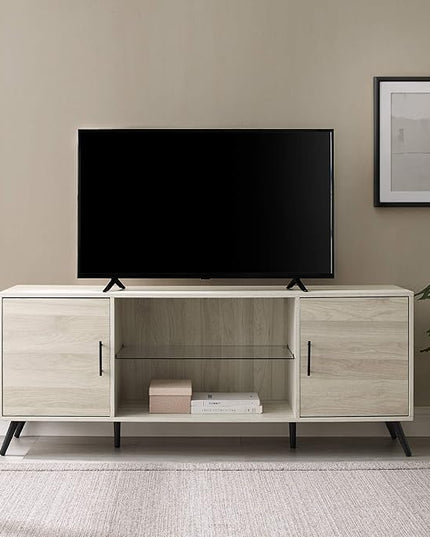 Walker Edison Saxon Mid Century Modern Glass Shelf TV Stand for TVs up to 65 Inches, 60 Inch, Birch - LeafyLoom