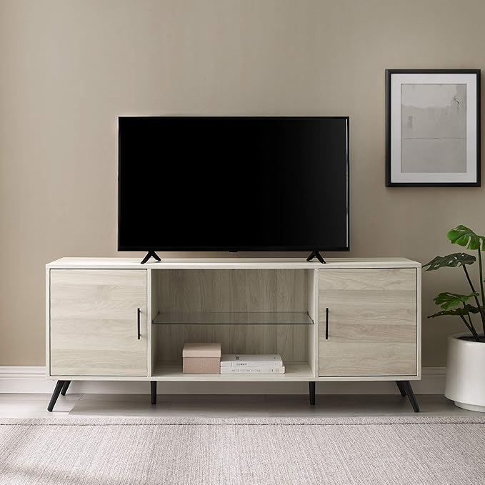 Walker Edison Saxon Mid Century Modern Glass Shelf TV Stand for TVs up to 65 Inches, 60 Inch, Birch - LeafyLoom