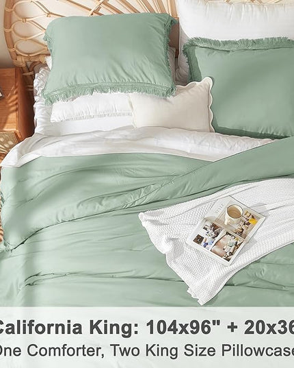 Litanika California King Comforter Set Sage Green, 3 Pieces Cal King Boho Tassel Bed Comforter, All Season Oversized Lightweight Bedding Comforter Sets (1 Comforter 104x96 inch, 2 Pillowcases) - LeafyLoom