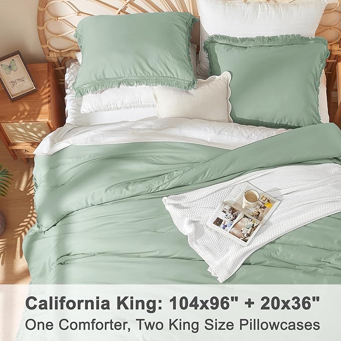 Litanika California King Comforter Set Sage Green, 3 Pieces Cal King Boho Tassel Bed Comforter, All Season Oversized Lightweight Bedding Comforter Sets (1 Comforter 104x96 inch, 2 Pillowcases) - LeafyLoom