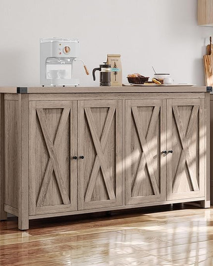 YITAHOME Buffet Cabinet with Storage, 55'' Modern Farmhouse Coffee Bar Cabinet w/4 Doors ＆Adjustable Shelf, Wood Large Kitchen Storage Cabinet with Barn Doors for Kitchen, Living Room, Grey-Brown - LeafyLoom