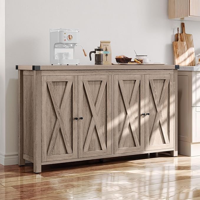 YITAHOME Buffet Cabinet with Storage, 55'' Modern Farmhouse Coffee Bar Cabinet w/4 Doors ＆Adjustable Shelf, Wood Large Kitchen Storage Cabinet with Barn Doors for Kitchen, Living Room, Grey-Brown - LeafyLoom
