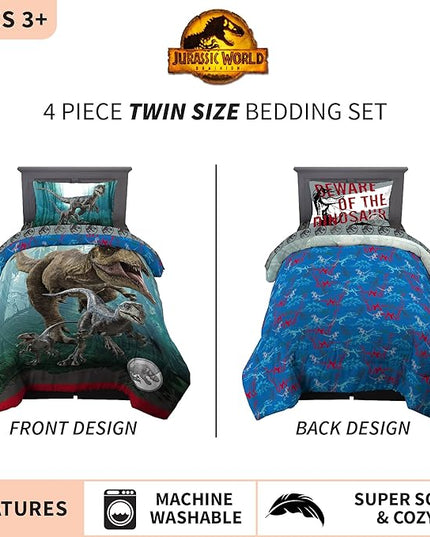 Jurassic World Dominion Blue Velociraptor and Rexy T-Rex Super Soft Microfiber Reversible Comforter, Twin Size, Bedding by Franco Kids - LeafyLoom