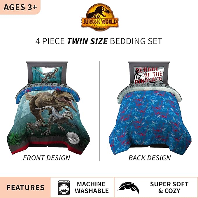 Jurassic World Dominion Blue Velociraptor and Rexy T-Rex Super Soft Microfiber Reversible Comforter, Twin Size, Bedding by Franco Kids - LeafyLoom