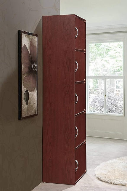 HODEDAH 5 Door Bookcase Cabinet, Mahogany - LeafyLoom