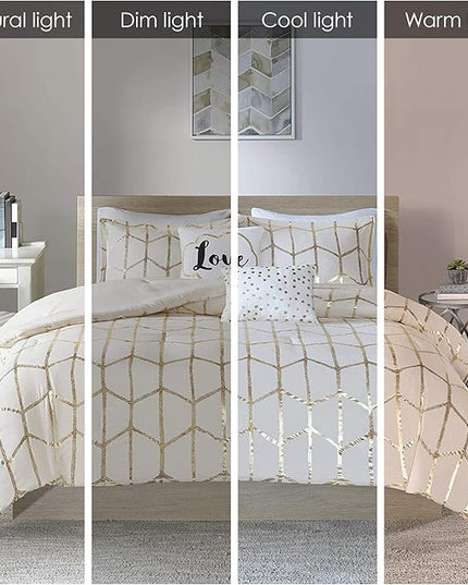 Intelligent Design, Soft Microfiber Comforter Modern Geometric Metallic Bed Set, King/Cal King, Ivory/Gold - LeafyLoom
