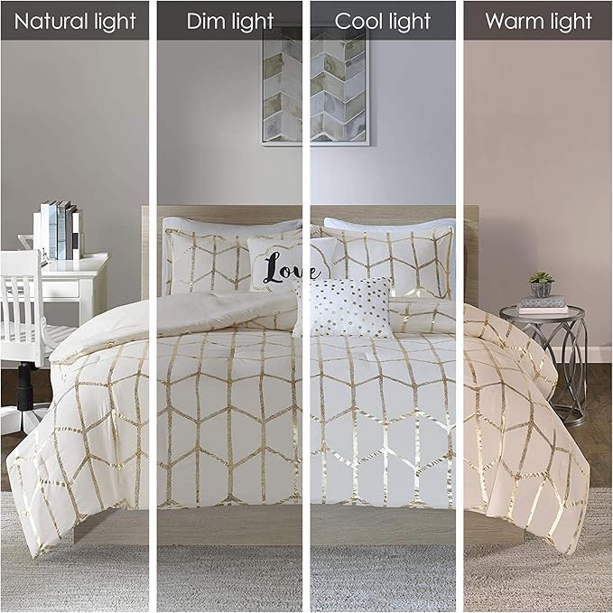 Intelligent Design Raina Full / Queen Comforter Set, Soft Microfiber Comforter Set Queen, Modern Geometric Metallic Bed Set, 5 Pieces College Bedding Comforter Set with 2 Shams, 2 Toss Pillows Ivory - LeafyLoom