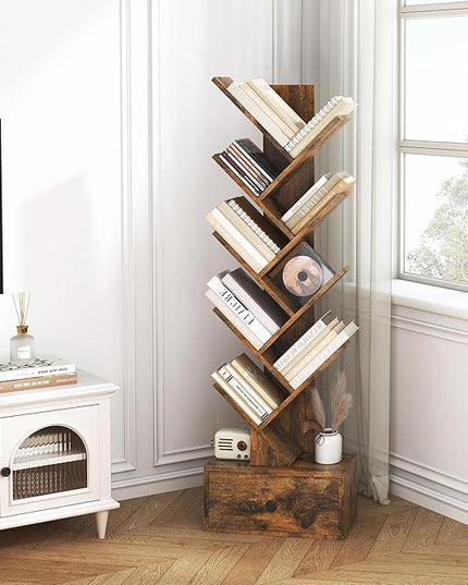 9 Tier Tree Bookshelf, Tree Bookcase with Drawer, Floor Standing Tall Wood Book Shelves Organizer for Living Room, Bedroom, Home Office, Rustic Brown - LeafyLoom