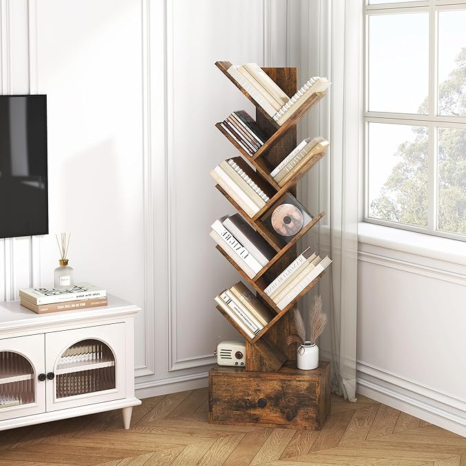 9 Tier Tree Bookshelf, Tree Bookcase with Drawer, Floor Standing Tall Wood Book Shelves Organizer for Living Room, Bedroom, Home Office, Rustic Brown - LeafyLoom