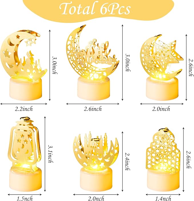 6Pcs Ramadan Mini Lantern Lights Decoration, Moon Castle Lighthouse Eid Mubarak Lamp Battery Included Plastic LED Night Light for Eid Ramadan Party Home Indoor Outdoor Bedroom Tabletop Decor - LeafyLoom
