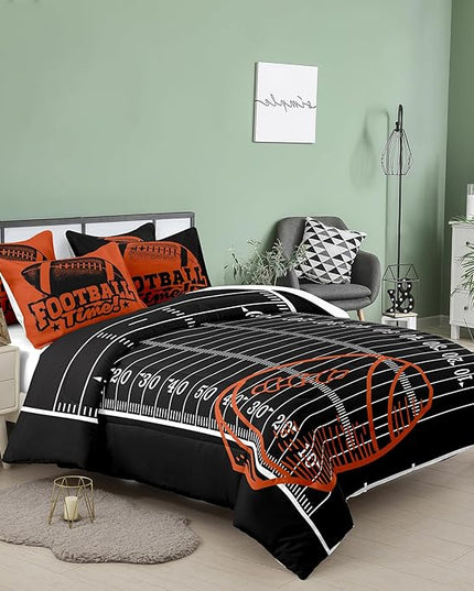 Tailor Shop Sports Football Comforter Set for Boys Kids Teens ，Football Bedding Sets King Size Black Rugby Theme Bedding Set with 2 Comforter 2 Pillowcases - LeafyLoom