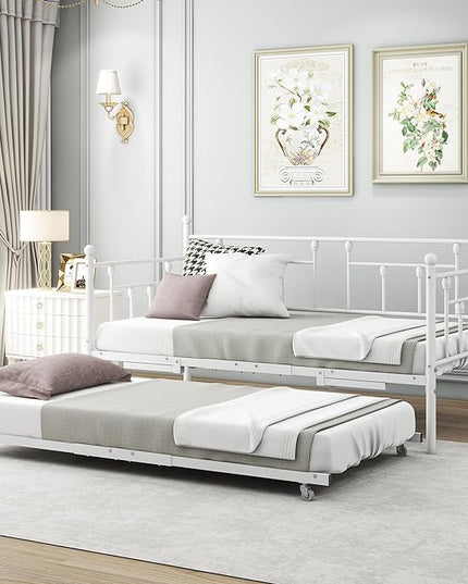 Twin Daybed with Trundle/Steel Slat Support/Space Saving Trundle Bed and Multi-Functional Furniture for Living Room and Guest Room, White - LeafyLoom