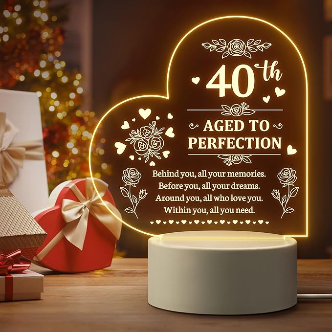 40th Birthday Gifts for Women, Personalized Night Light, 40 Year Old Gifts for Women, Happy 40th Birthday Gifts Ideas for Wife, Mom, Daughter, Sister, Aunt, Best Friends, BFF, Coworkers - LeafyLoom