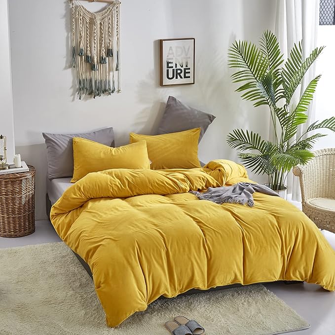 Wellboo Mustard Yellow Velvet Comforter Sets Full Size Solid Fluffy Turmeric Yellow Bedding Comforters Plain Dark Yellow Sherpa Quilts Soft Warm Winter Flannel Plush Blanket Luxury Shaggy Crystal Bed - LeafyLoom