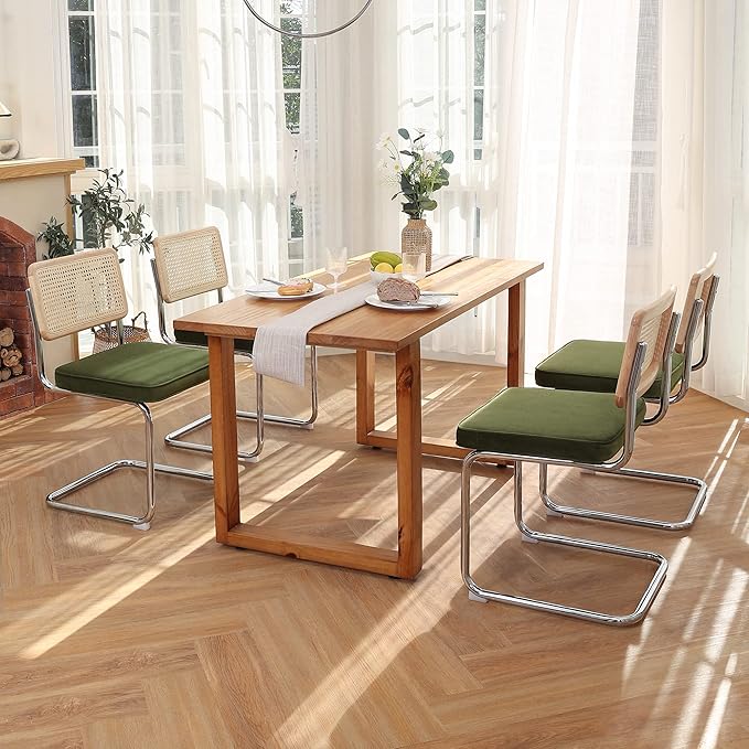 Zesthouse Mid Century Modern Dining Chairs Set of 2, Velvet Accent Chairs with Natural Cane Back & Stainless Chrome Base, Famous Breuer Designed Chairs, Upholstered Rattan Kitchen Chairs,Green - LeafyLoom
