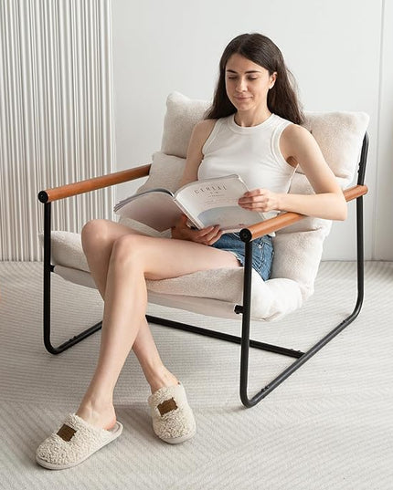 MAXYOYO Sherpa Accent Chair, Boucle Arm Chair Living Room Chair, Reading Accent Chair, Mid Century Modern Bedroom Chair,Teddy Armchair Wooden Arms Metal Frame - LeafyLoom