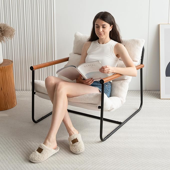 MAXYOYO Sherpa Accent Chair, Boucle Arm Chair Living Room Chair, Reading Accent Chair, Mid Century Modern Bedroom Chair,Teddy Armchair Wooden Arms Metal Frame - LeafyLoom