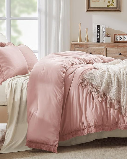 Andency Pink Comforter Set Full Size for Girls, Blush Boho Women Tassel Lightweight Bedding Comforter Sets, 3 Pieces All Season Soft Fluffy Fringe Bed Set (79x90In Comforter & 2 Pillowcases) - LeafyLoom
