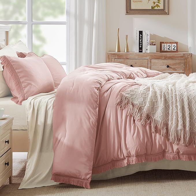 Andency Pink Comforter Set Full Size for Girls, Blush Boho Women Tassel Lightweight Bedding Comforter Sets, 3 Pieces All Season Soft Fluffy Fringe Bed Set (79x90In Comforter & 2 Pillowcases) - LeafyLoom