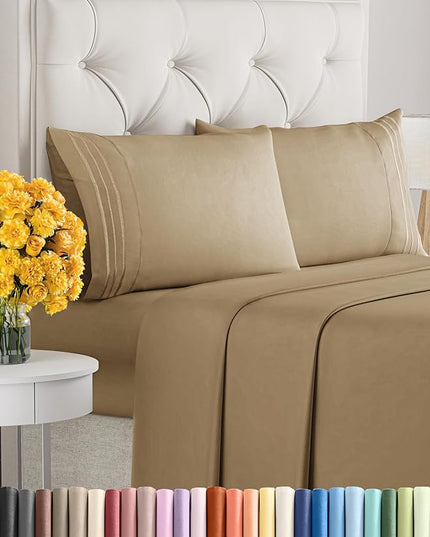Cal King Size 4 Piece Sheet Set - Comfy Breathable & Cooling Sheets - Hotel Luxury Bed Sheets for Women & Men - Deep Pockets, Easy-Fit, Extra Soft & Wrinkle Free Sheets - Beige Oeko-Tex Bed Sheet Set - LeafyLoom