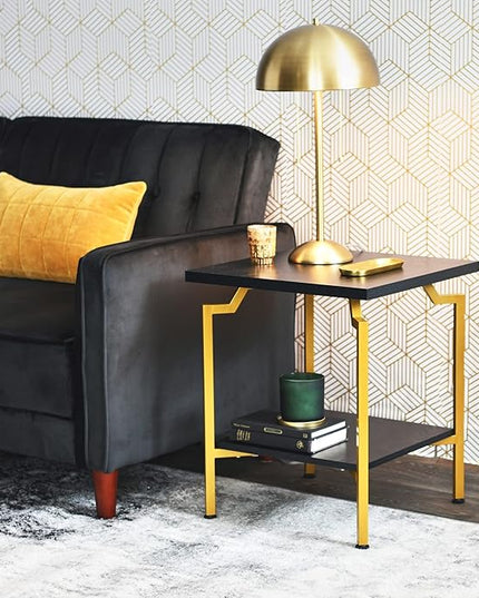 Household Essentials Crown Square Side End Table with Storage Shelf Black Oak Wood Grain and Gold Metal - LeafyLoom