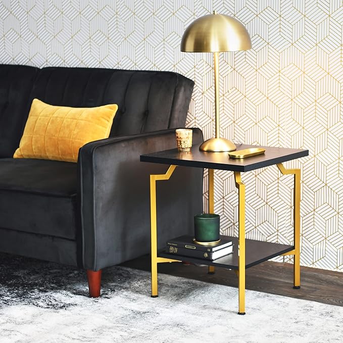 Household Essentials Crown Square Side End Table with Storage Shelf Black Oak Wood Grain and Gold Metal - LeafyLoom
