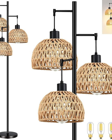 Tree 3-Lights Floor Lamp for Living Room,Bedroom,Rattan Boho Floor Lights,Industrial Black Farmhouse Standing Lamp Wicker Rustic Adjustable Tall Lamp,Woven Bamboo LampShade Floor Lamps Bohemian - LeafyLoom