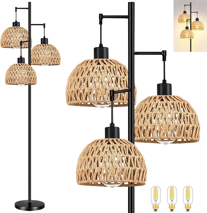 Tree 3-Lights Floor Lamp for Living Room,Bedroom,Rattan Boho Floor Lights,Industrial Black Farmhouse Standing Lamp Wicker Rustic Adjustable Tall Lamp,Woven Bamboo LampShade Floor Lamps Bohemian - LeafyLoom