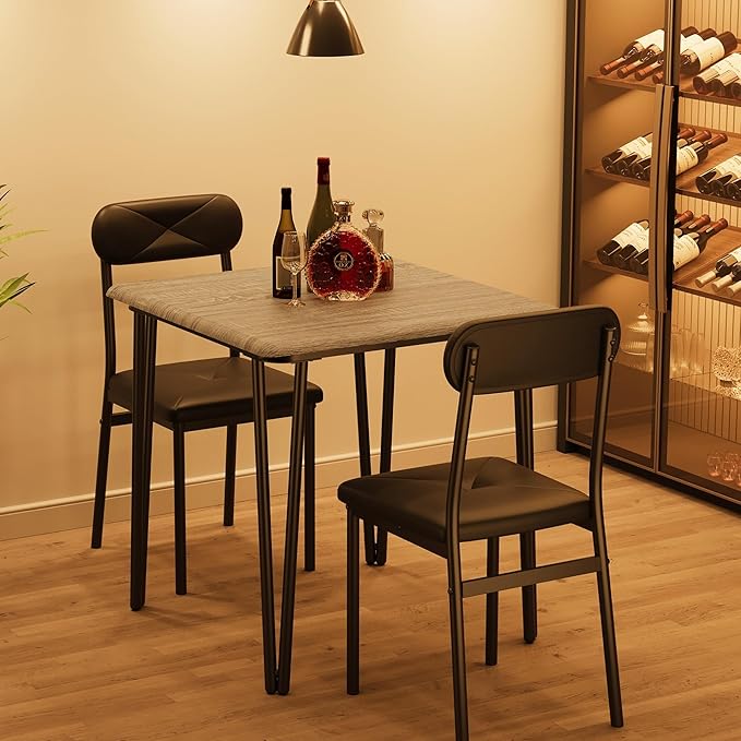Dining Table for 2, Small Square kitchen Dinner Table Set for 2,Space Saving Wood Modern Dinette With Upholstered,Dining Room Furniture for Breakfast Nook, Apartment,Home Office Small Space,3 Piece - LeafyLoom