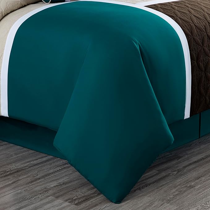 Chezmoi Collection Upland 7-Piece Quilted Patchwork Comforter Set, Teal/Beige/Brown, King - LeafyLoom