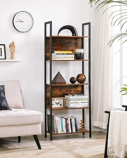 VASAGLE 5-Tier Bookshelf, Book Shelf, Industrial Bookcase, with Steel Frame, for Living Room, Home Office, Bedroom, 9.4 x 24.4 x 65 Inches, Rustic Brown and Black ULLS025B01 - LeafyLoom