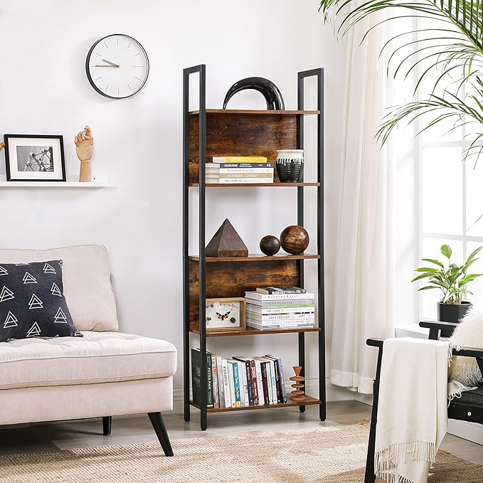 VASAGLE 5-Tier Bookshelf, Book Shelf, Industrial Bookcase, with Steel Frame, for Living Room, Home Office, Bedroom, 9.4 x 24.4 x 65 Inches, Rustic Brown and Black ULLS025B01 - LeafyLoom