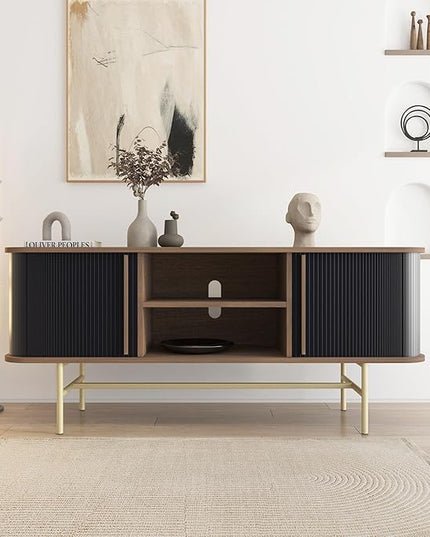 roomfitters Sideboard Buffet Cabinet with Sliding Doors, Mid Century Modern Credenza with 2 Tambour Doors, Minimalist Accent Storage Cabinet for Living Room, Media Console with Storage, Walnut Black - LeafyLoom