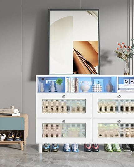 Sideboard Buffet Cabinet, Kitchen Storage Cabinet with Power Outlet & Led Lights, Accent Cabinet with 4 Rattan Doors, White - LeafyLoom
