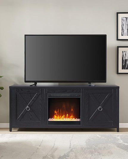 Henn&Hart Rectangular TV Stand with Crystal Fireplace for TV's up to 65" in Black, Electric Fireplace TV Stands for the Living Room - LeafyLoom