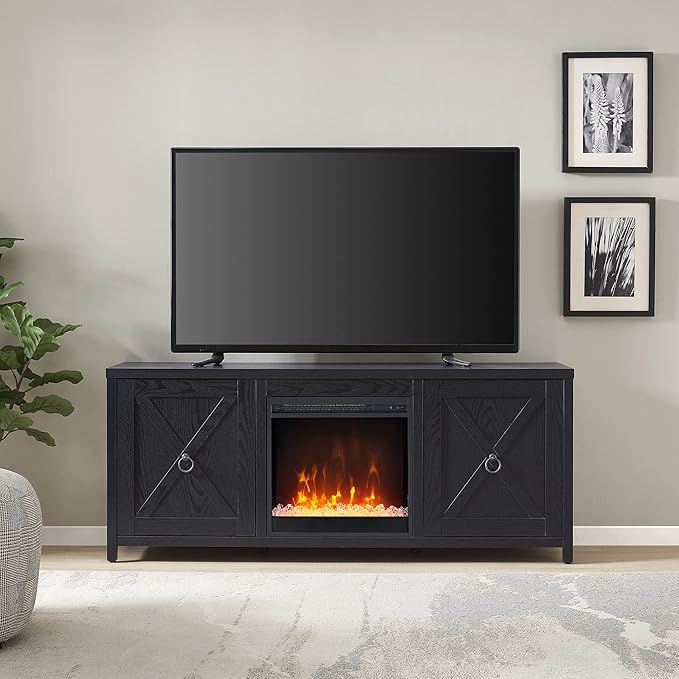 Henn&Hart Rectangular TV Stand with Crystal Fireplace for TV's up to 65" in Black, Electric Fireplace TV Stands for the Living Room - LeafyLoom