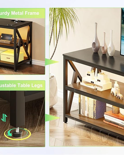 Lvifur LED TV Stand for 65 70 75 inch TV, Auto Sensor Entertainment Center with RGB Dimmable Lights, TV Console Table with Open Storage Shelves and Metal Frame (Black) - LeafyLoom